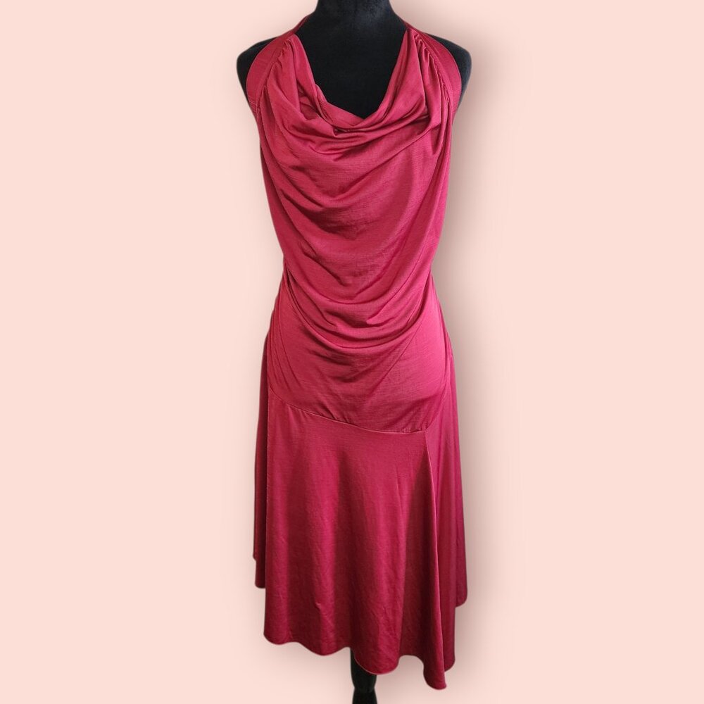 Vintage Y2K Red Halter Dress Cowl Neck drop waist asymmetrical hem party